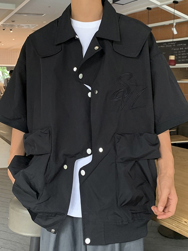 Men' Embroidery Big Pocket Snap Button Short Sleeve Blouse-1