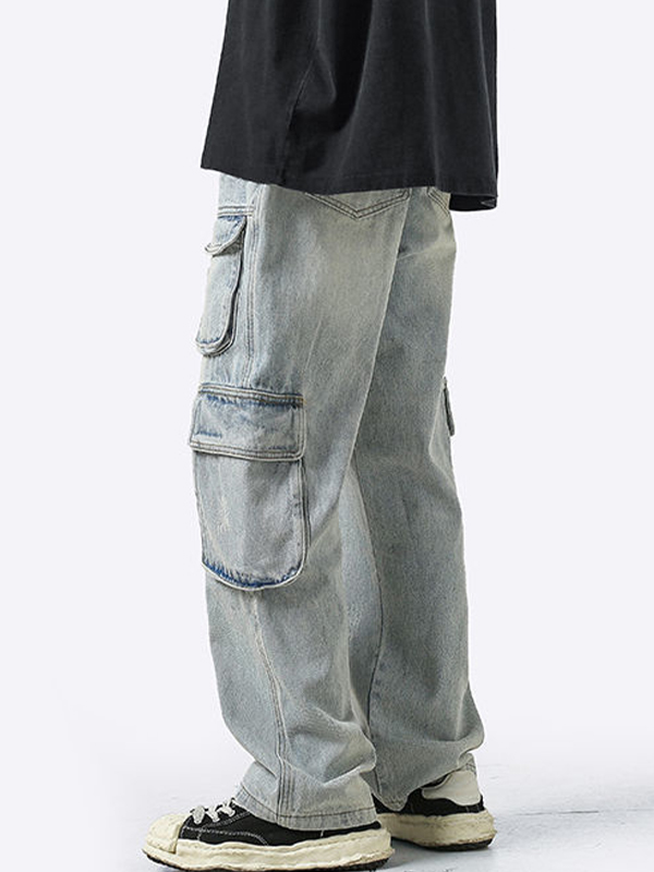 Men's Washed Distressed Pocket Design Cargo Jeans-2