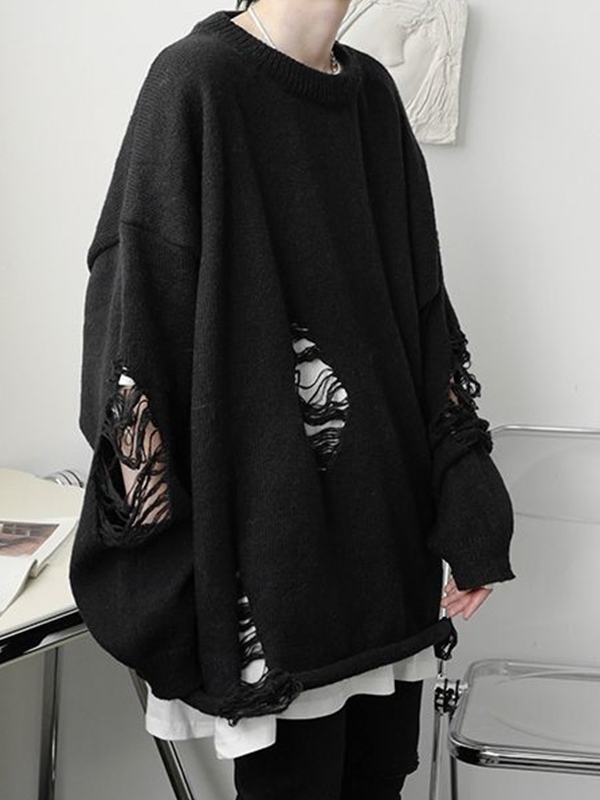 Men's Solid Ripped Crew Neck Sweater-2