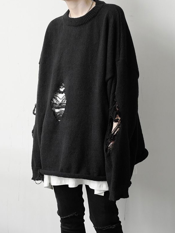 Men's Solid Ripped Crew Neck Sweater-1