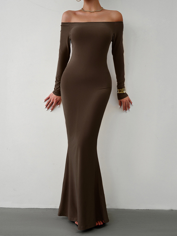 Solid Off Shoulder Long Sleeve Bodycon Maxi Dress-1