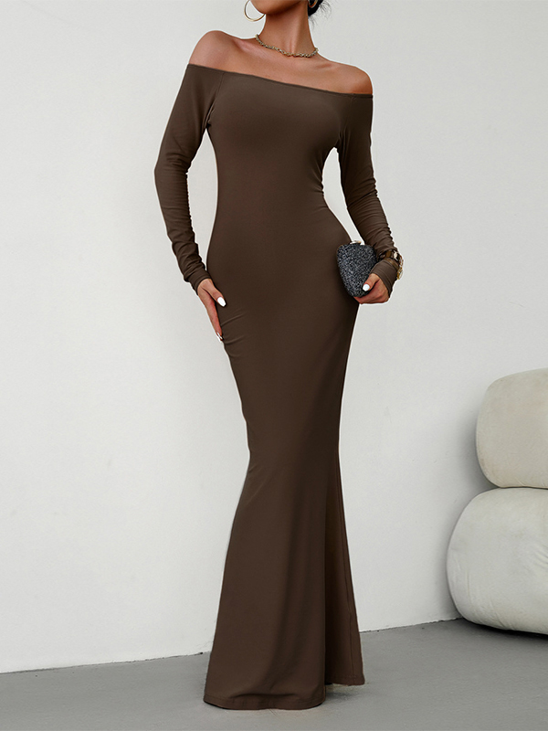 Solid Off Shoulder Long Sleeve Bodycon Maxi Dress-2