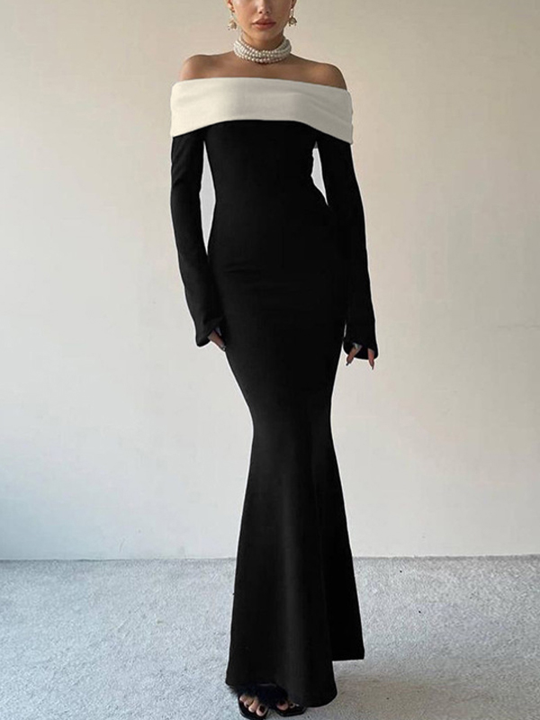 Contrast Color Trim Off Shoulder Long Sleeve Maxi Dress-3