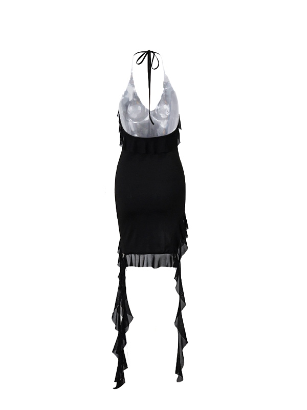 V Neck Halter Ruffled Trim Irregular Hem Mini Dress-6