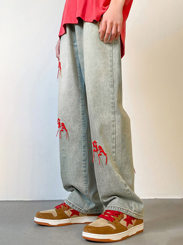 Men's Blue Wash Embroidery Slim Straight Jeans-1