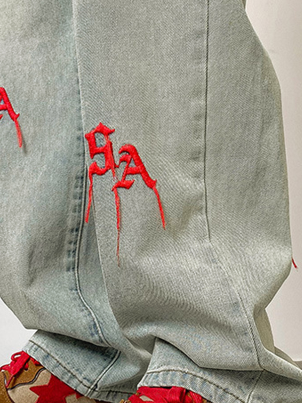 Men's Blue Wash Embroidery Slim Straight Jeans-3