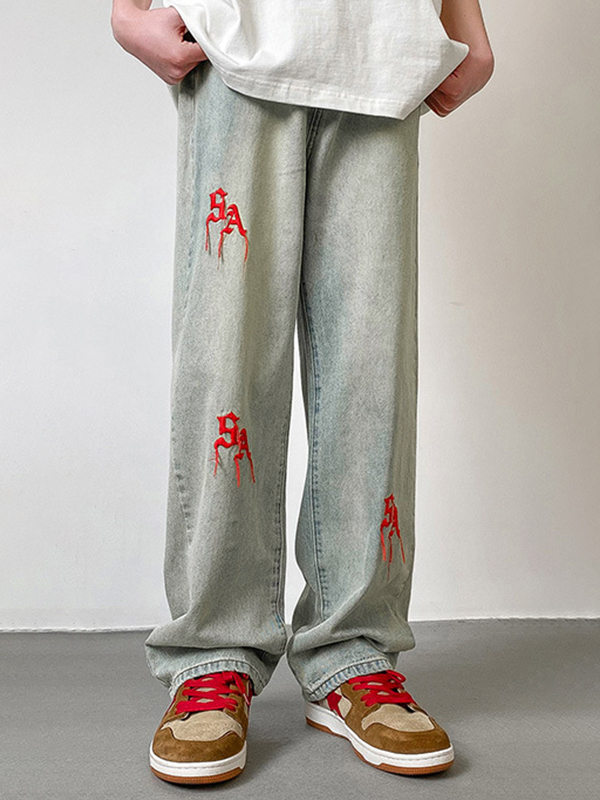 Men's Blue Wash Embroidery Slim Straight Jeans-2