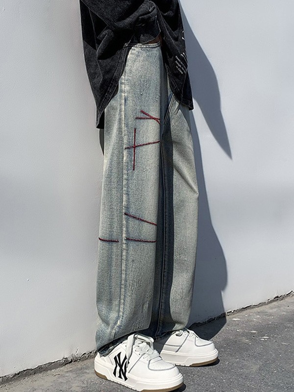 Men's Stitched Distressed Straight Leg Jeans-1