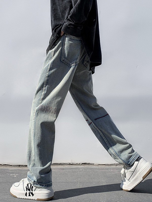 Men's Stitched Distressed Straight Leg Jeans-2