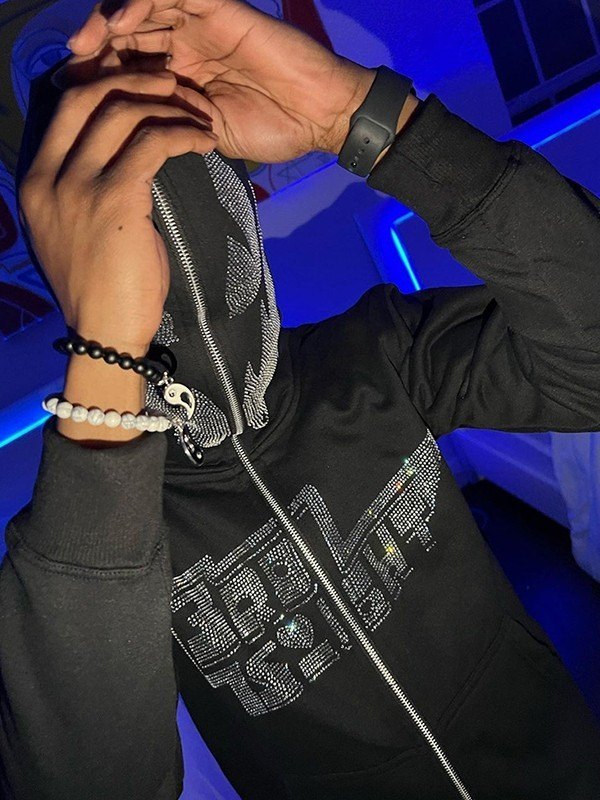 Men's Rhinestone Black Zip Up Hoodie-1
