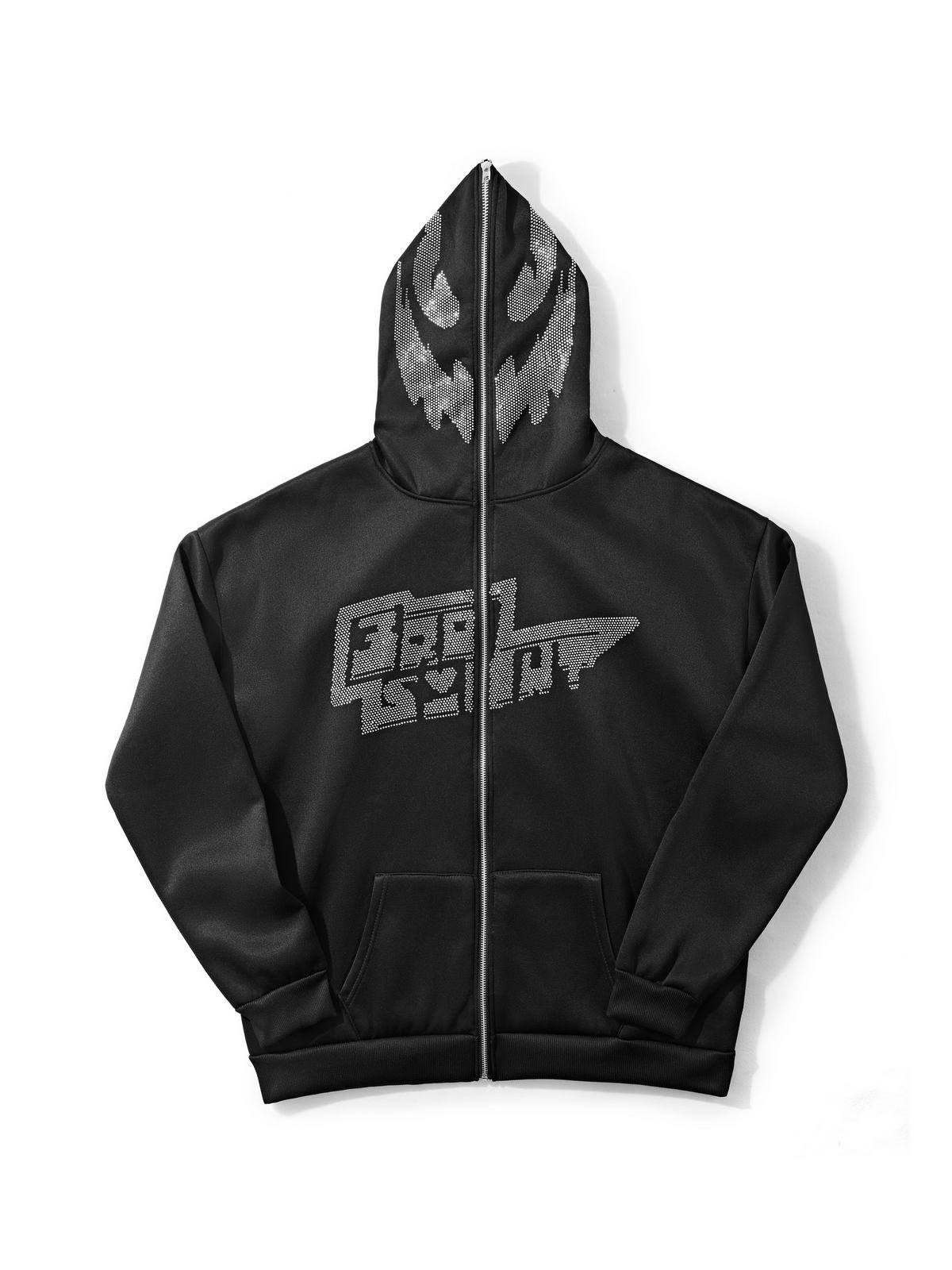 Men's Rhinestone Black Zip Up Hoodie-3