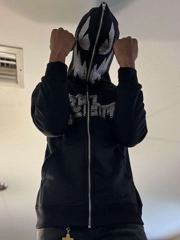 Men's Rhinestone Black Zip Up Hoodie-2