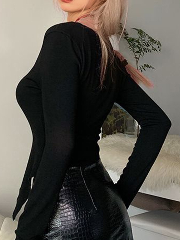 Bat Print Breasted Irregular Hem Long Sleeve Tee-3