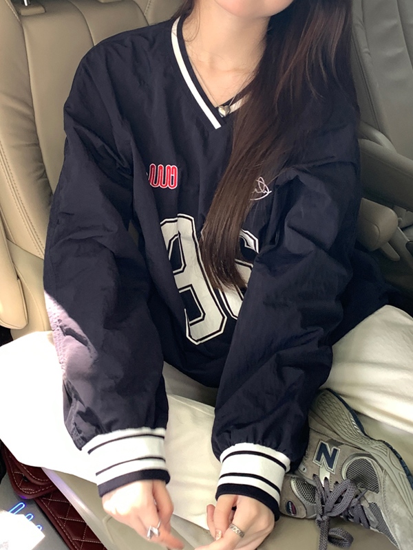 Number Print V Neck Thin Sweatshirt-2