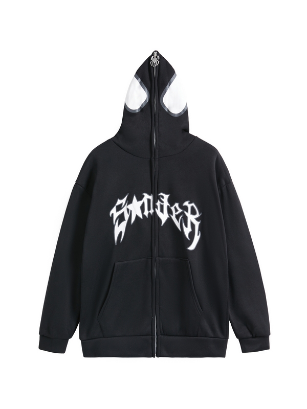 Men's Punk Spider Print Full Zip Oversized Hoodie-1