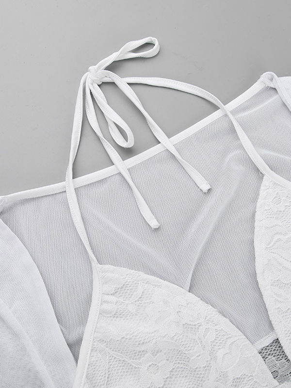 Halter Lace Splice Mesh Long Sleeve Two Piece-5