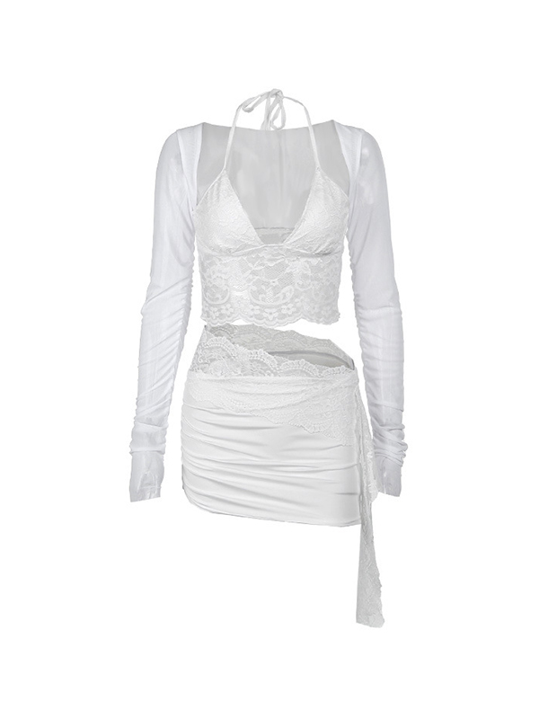 Halter Lace Splice Mesh Long Sleeve Two Piece-4