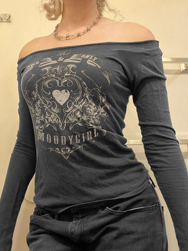 Vintage Heart Print Off Shoulder Long Sleeve Tee-2