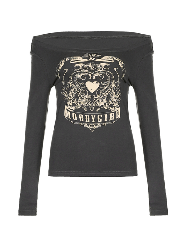 Vintage Heart Print Off Shoulder Long Sleeve Tee-3