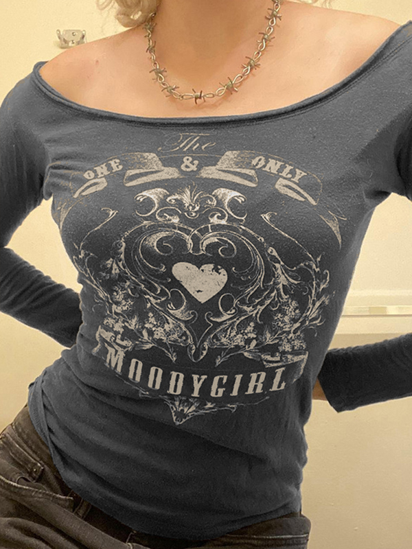 Vintage Heart Print Off Shoulder Long Sleeve Tee-1