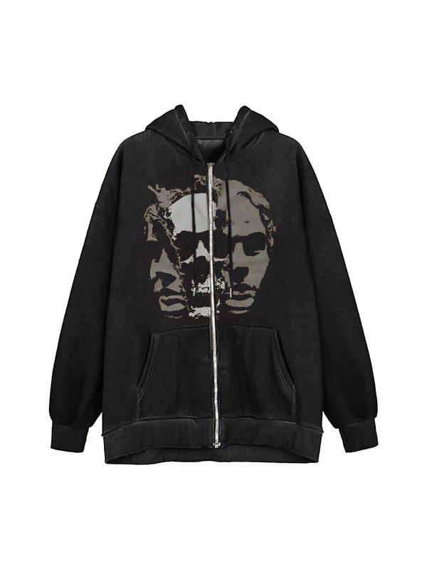 Skull Portrait Print Zip Up Oversized Hoodie-1