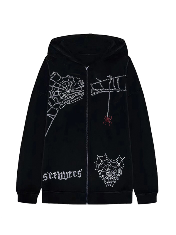 Street Spider Web Print Zip Up Oversized Hoodie-1