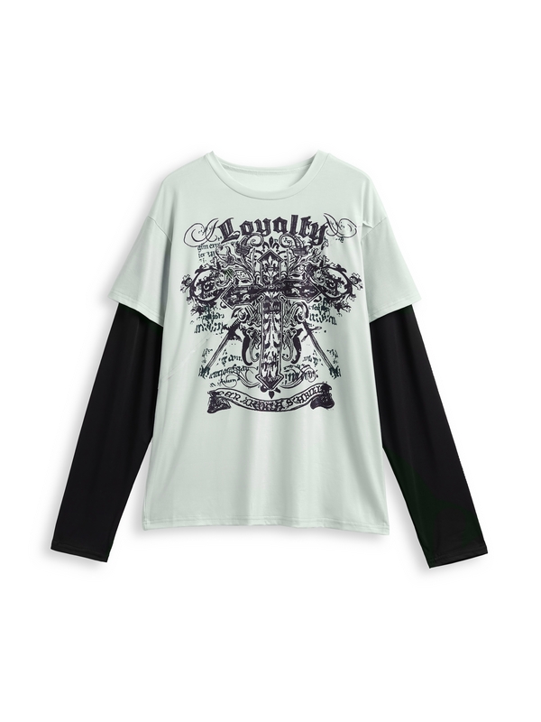 Gothic Cross Print 2 In 1 Long Sleeve Tee-2