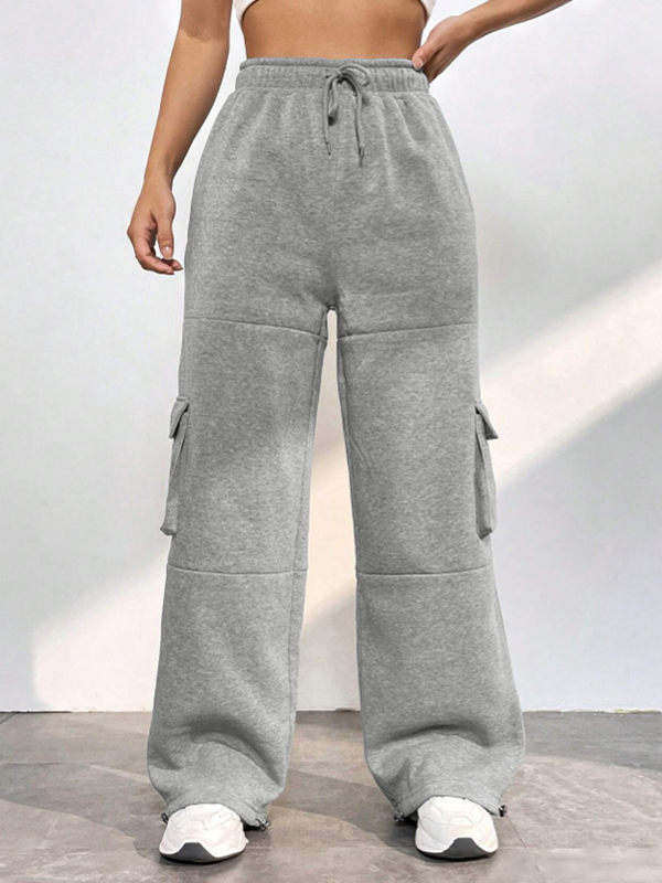 Solid Flap Pocket Lace Up Sweatpants-1