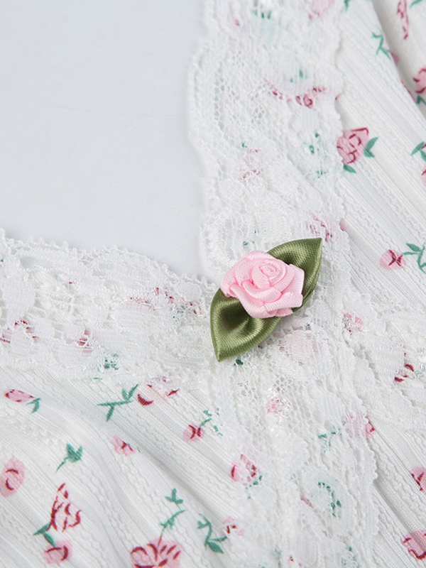 Ditsy Floral Print Lace Trim V Neck Sleeveless Jumpsuit-3