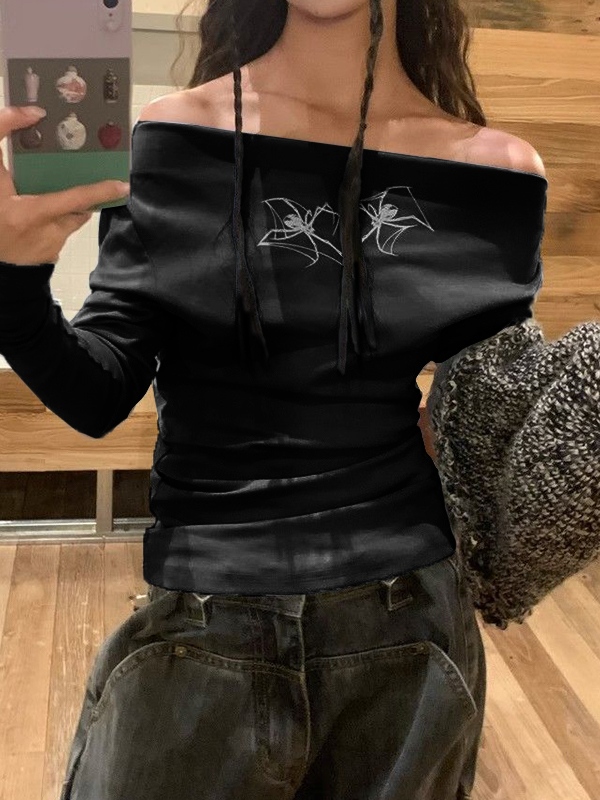 Spider Print Off Shoulder Long Sleeve Tee-1