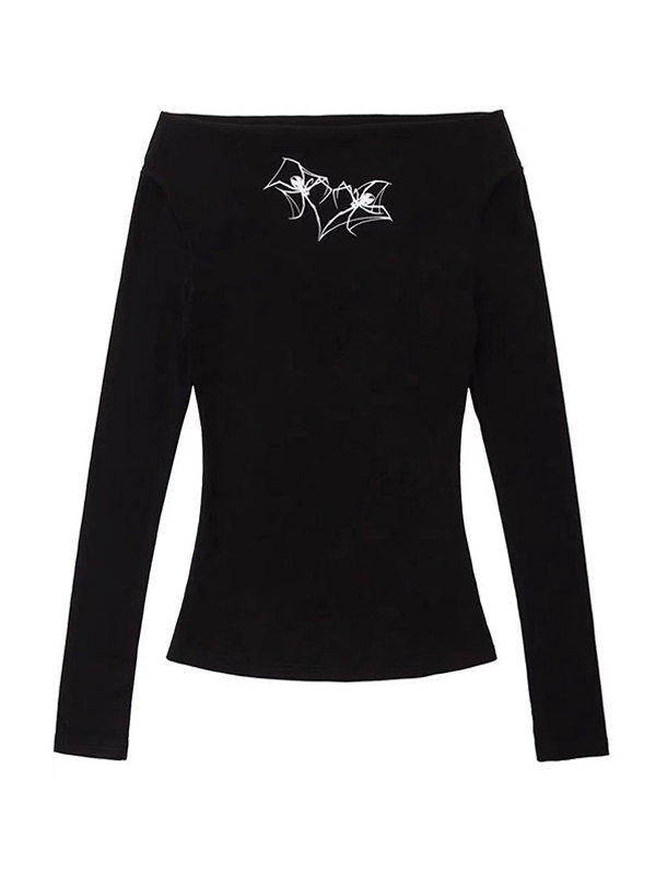 Spider Print Off Shoulder Long Sleeve Tee-2