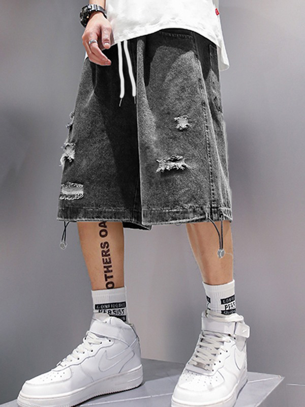 Men's Wash Distressed Skate Denim Shorts-2