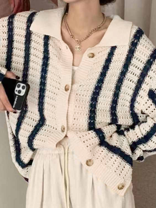 Cutout Striped Baggy Cardigan-1