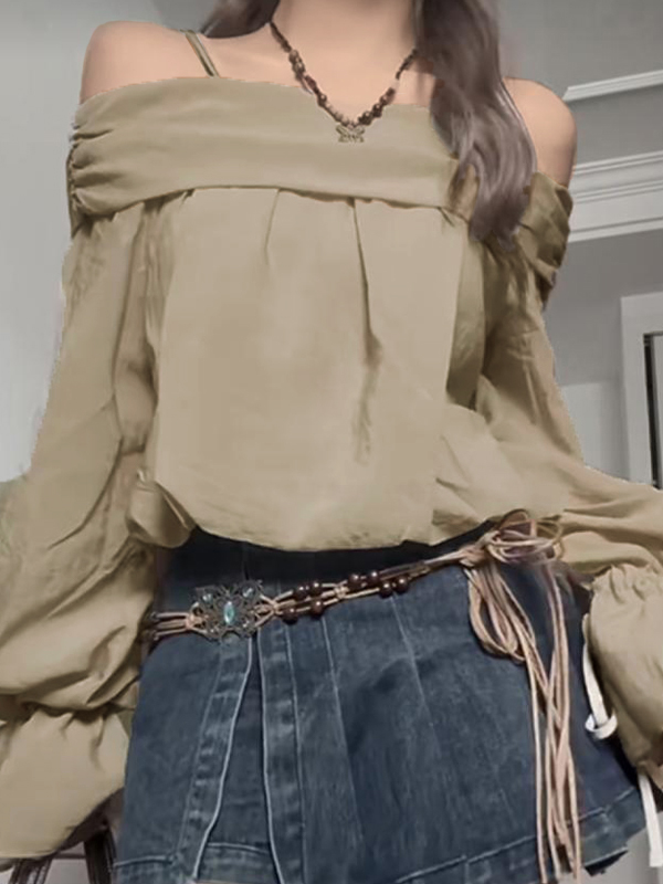 Off Shoulder Tie Up Puff Sleeve Long Sleeve Blouse-1