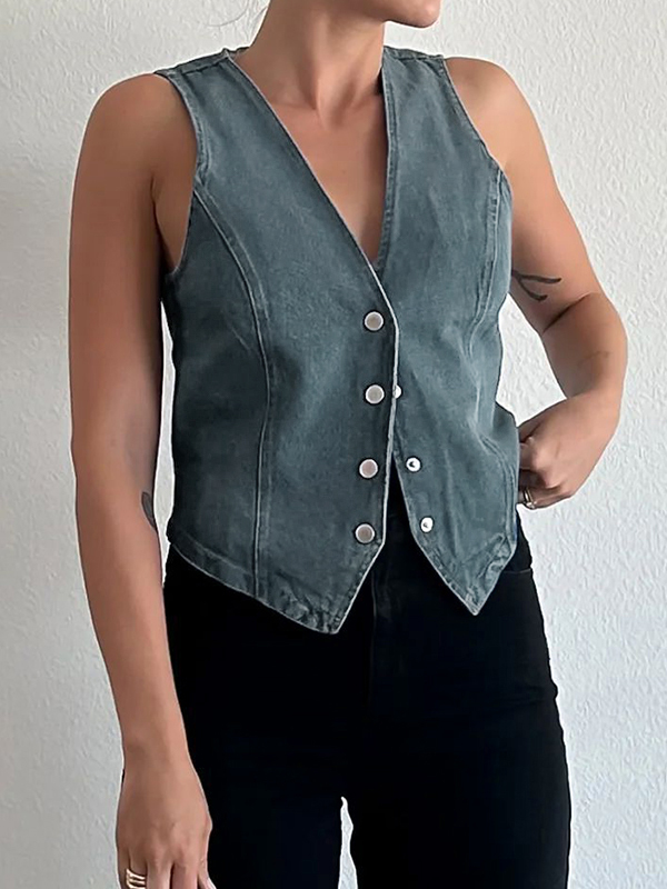 V Neck Denim Vest Tank Top-3
