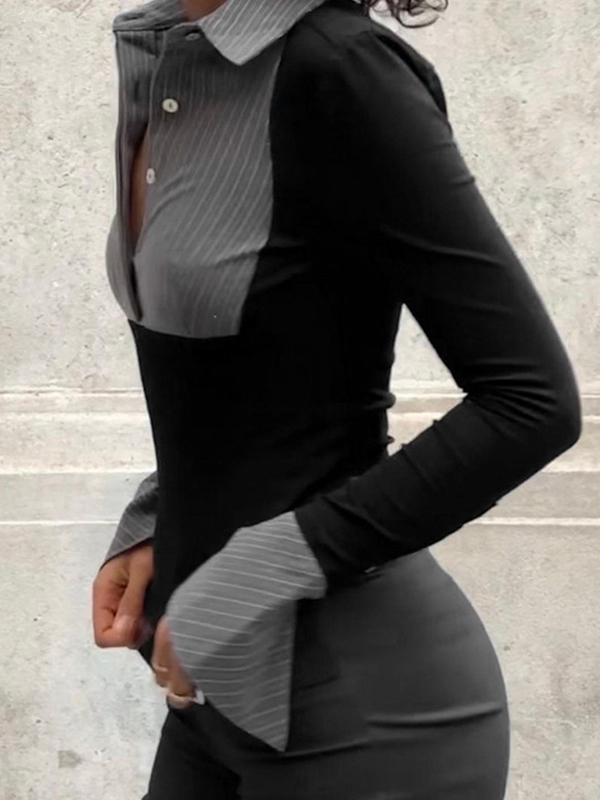 Stripe Splice Polo Neck Long Sleeve Blouse-3