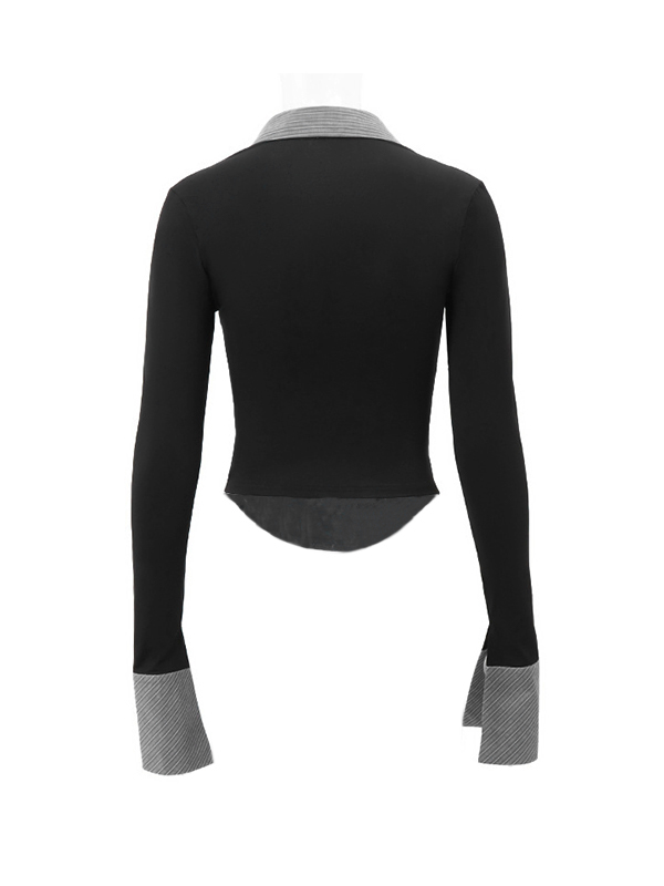 Stripe Splice Polo Neck Long Sleeve Blouse-5