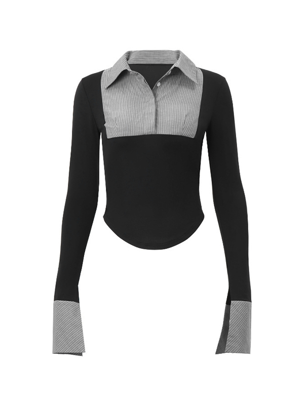 Stripe Splice Polo Neck Long Sleeve Blouse-4