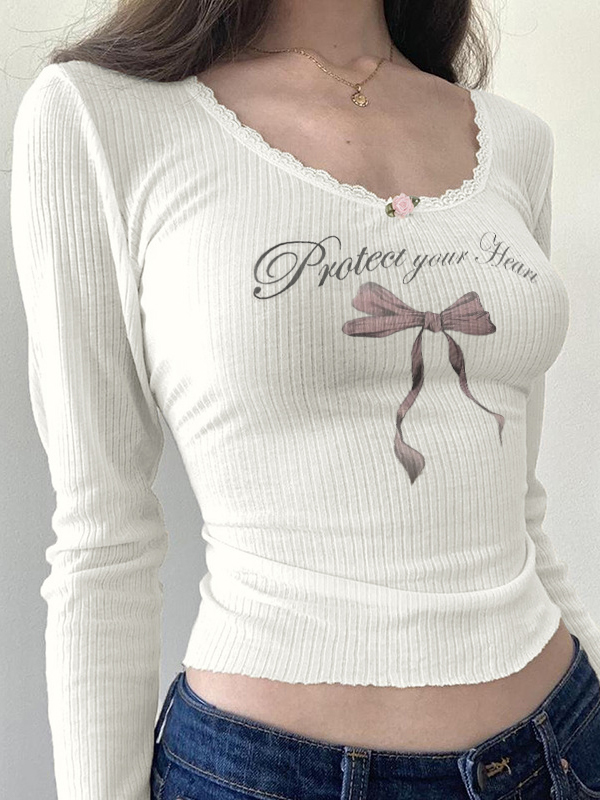 Bow Print Lace Trim Long Sleeve Knit-1