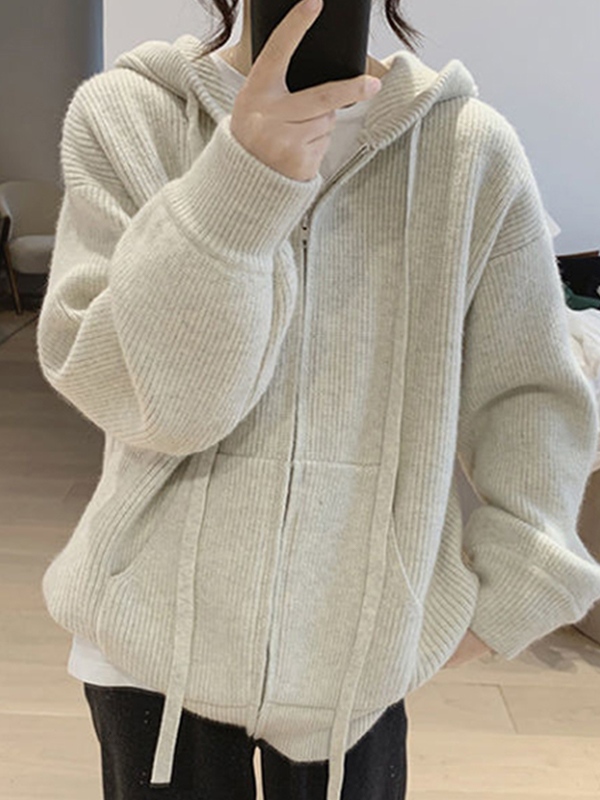 Solid Hooded Zip Up Knit Cardigan-1