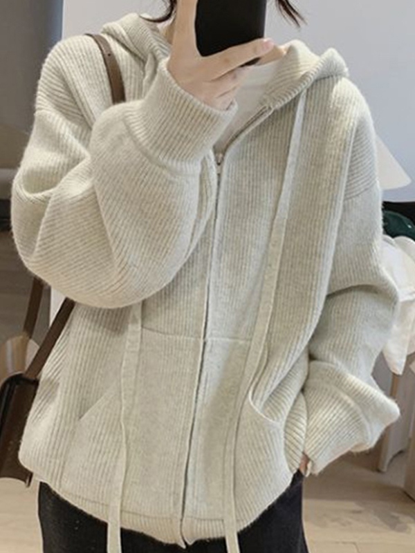 Solid Hooded Zip Up Knit Cardigan-2