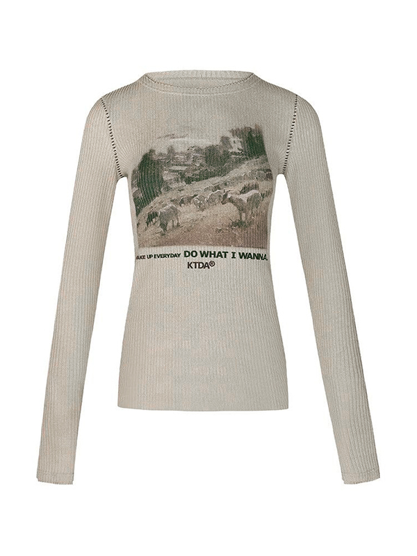 Vintage Print Seam Detail Ribbed Long Sleeve Knit-4